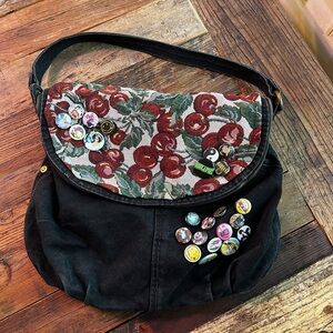 Retro vintage boho denim tapestry bag with a zipper & metal snap.